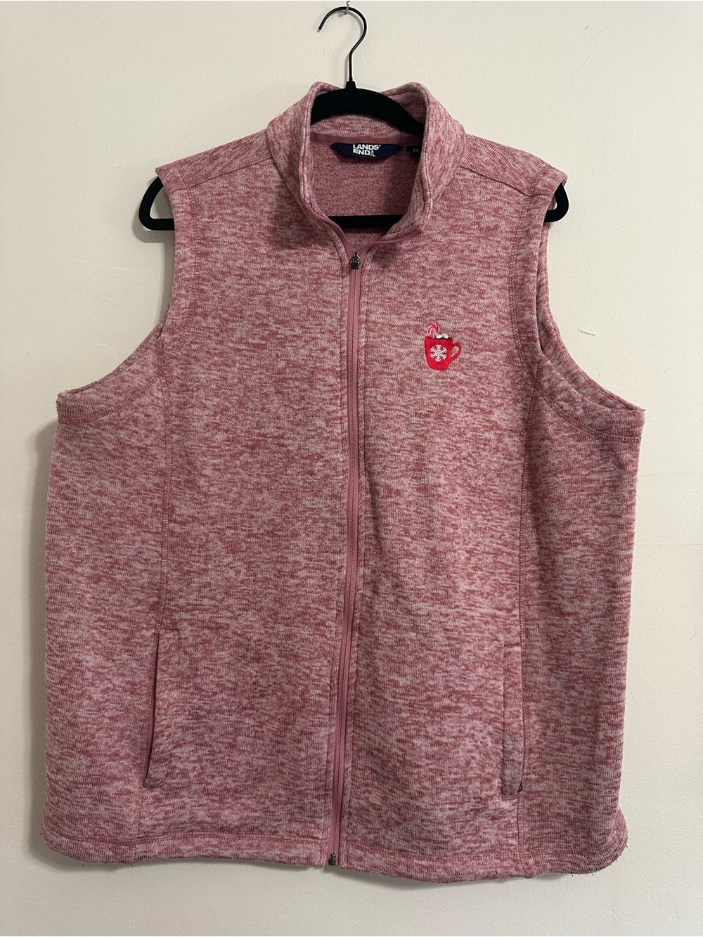 Lands’ End 2X Pink Sweater Fleece Vest Hot Cocoa Mug Snowflake Embroidered
